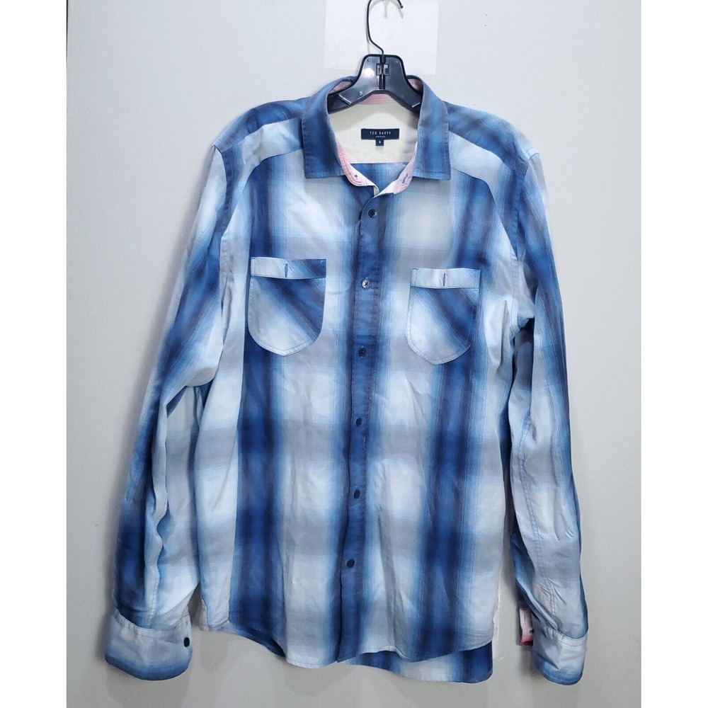 Ted‎ Baker Shirt Men Size 5 Blue White Tapered Fit Button Up Long Sleeve Gingham